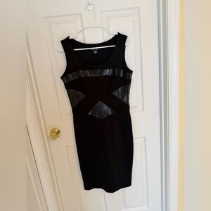 Sharagano Black Midi Dress with Faux Leather Accents
